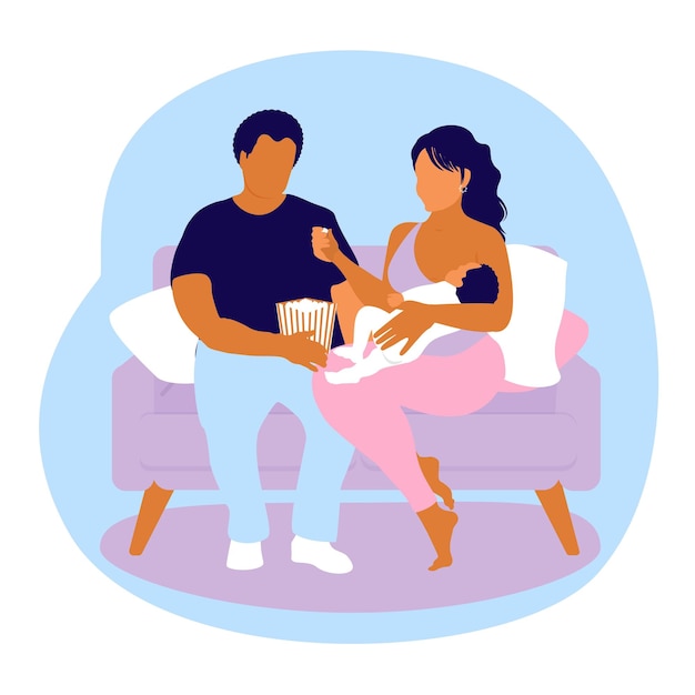 Vector mom is breastfeeding her baby and watching a movie while sitting with her husband. eat popcorn