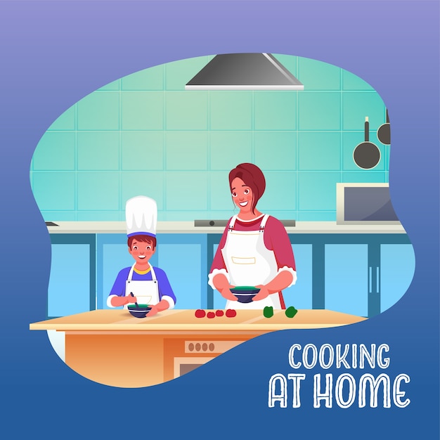 Mom and kid cooking together