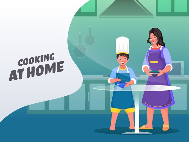 mom and kid cooking together