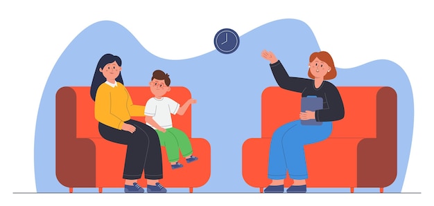 mom, kid and psychologist sitting on sofa in therapy session. adult and child in meeting with therapist flat vector illustration. psychotherapy, psychology, family concept for banner, website design