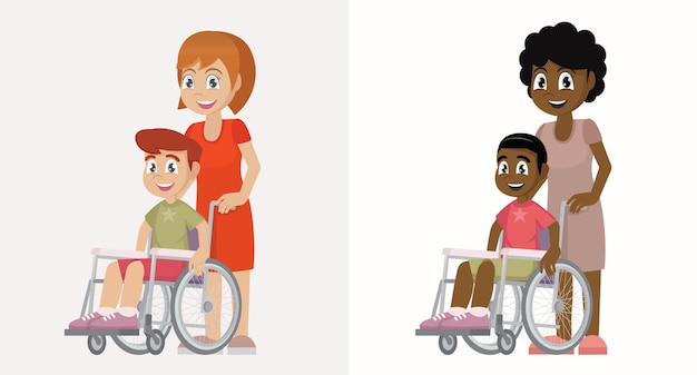 mom and kid on wheelchairvector eps10