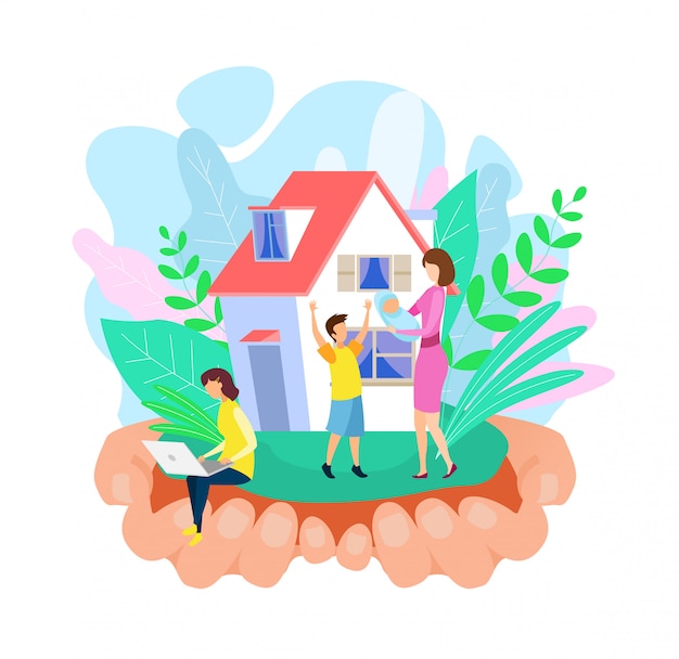 Mom and Kids Outside House Vector Illustration