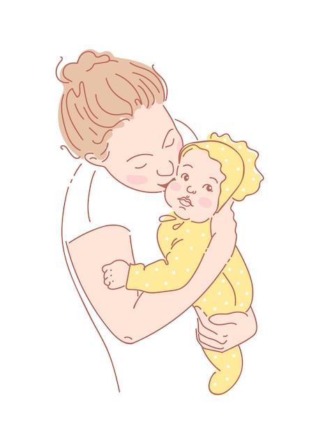 Mom kisses the baby on the cheek mother and child A young woman holds a child in her arms single motherhood happy childhood Cute sketch style vector illustration For posters postcards book