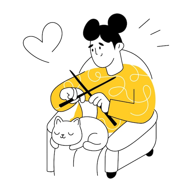 Mom knitting a fabric hand drawn illustration design