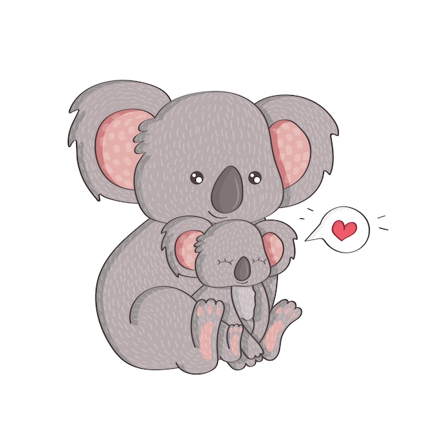 Mom koala sits with the baby in an embrace. Vector illustration of a cute animal.