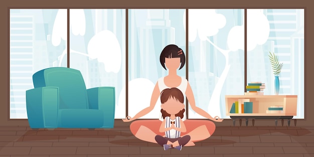 Mom and little daughter are meditating together in the lotus position Cartoon style Vector illustration