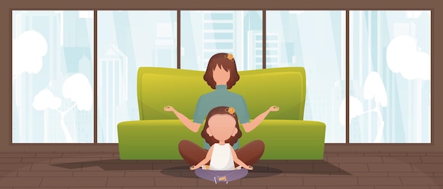 Mom and little daughter do yoga together in the lotus position Cartoon style Vector illustration