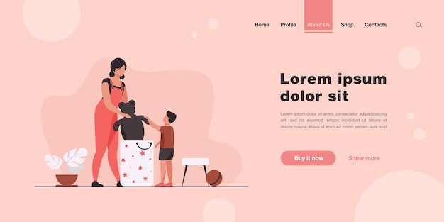 Mom and little son packing toys in bag landing page in flat style