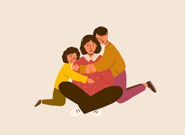 Vector mom in love. children hug their mother. flat vector illustration.