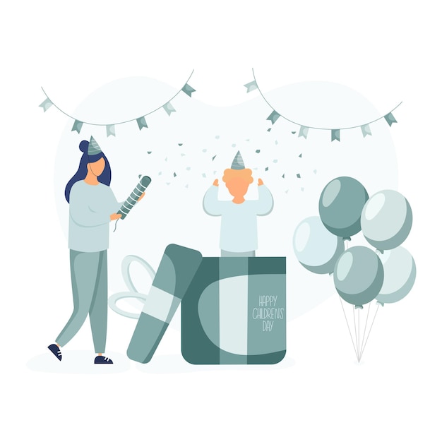 Vector mom make a birthday party for her son with confetti balloons