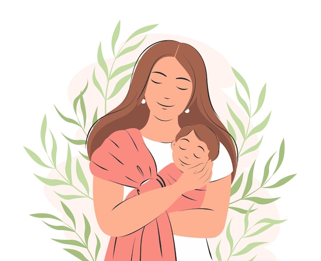 Mom and newborn baby Touching portrait decorated with plants Family health motherhood concept