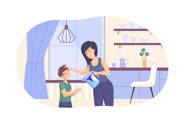 Vector mom pouring pure water from filter to son at kitchen