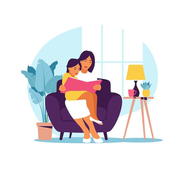 Vector mom reading for daughter sitting on the sofa with book