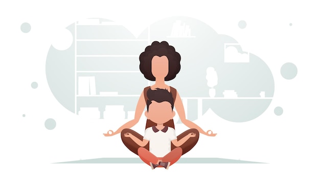 Мама и сын сидят в комнате и медитируют в позе лотоса. Медитация в мультяшном стиле.