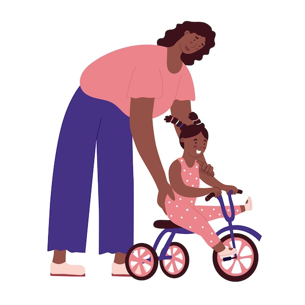 ママは娘に3サイクルの乗車を教えます家族の日教育シングルマザー黒い肌孤立