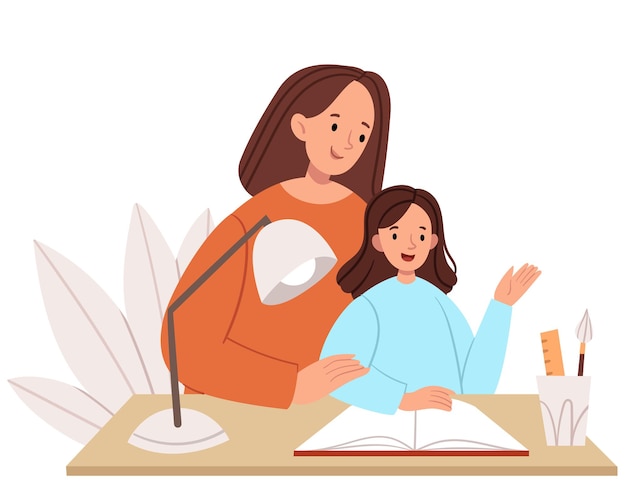 Mom teaches lessons with her daughter. Homeschooling. The family spends time together.