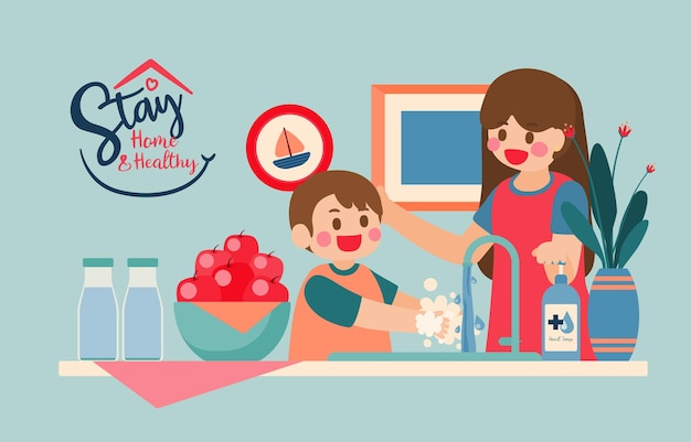 Mom teaching son to wash his hands before eat fruit and touch anything in pandemic situation