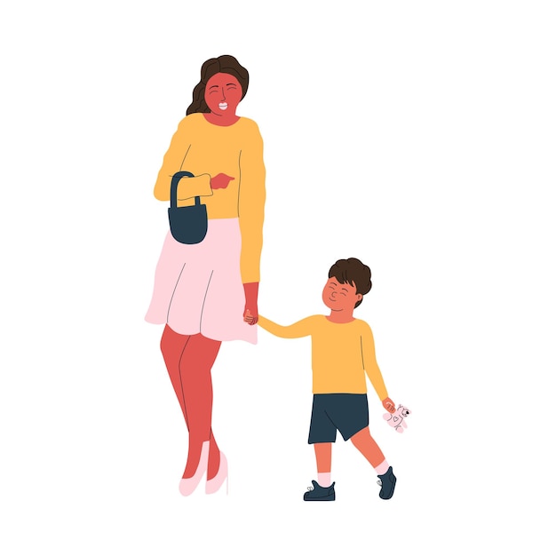 お母さんは息子と一緒に歩き、手を握る幸せな家族のベクターイラストをフラットスタイルで