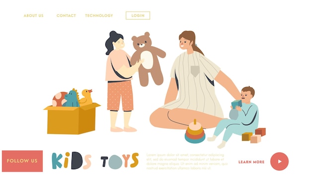 Mom with baby boy and girl landing page template. nurse or mother female character playing with kids in playroom. children play with toys in kindergarten or home, linear people vector illustration