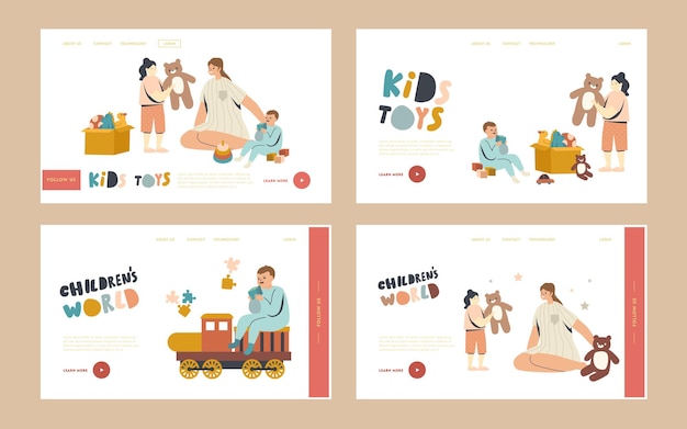 Mom with baby boy and girl landing page template set. nurse or mother female character playing with kids in playroom. children play with toys in kindergarten or home, linear people vector illustration