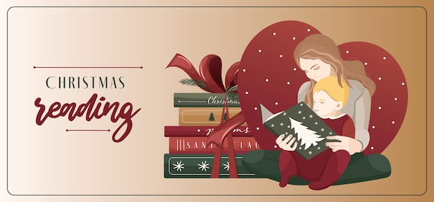 Vector mom with baby son are reading winter christmas book. vector for flyer, advertisement, banner, cover.