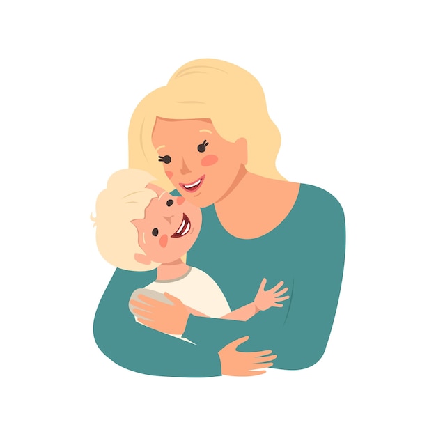 Mom with blond hair hugs her son happy mother day children protection day woman takes care of boy