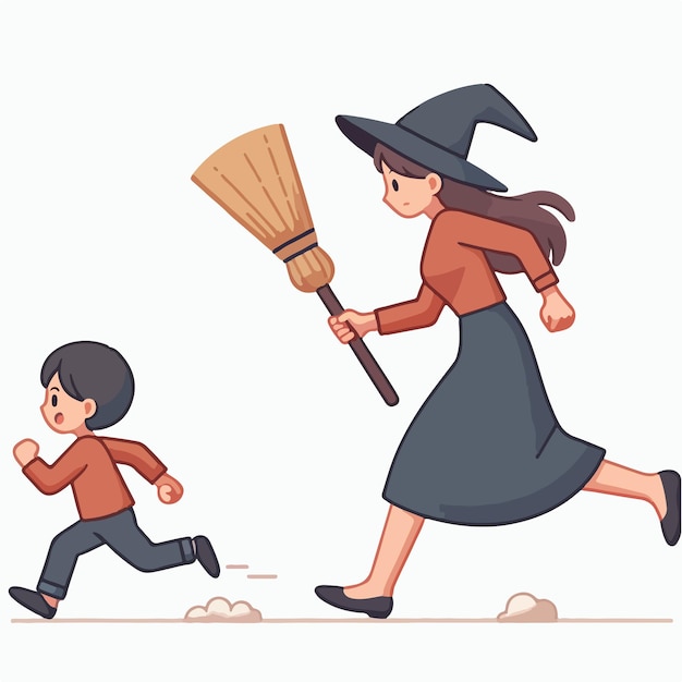 mom with broom and witch hat chasing a naughty child in flat design style