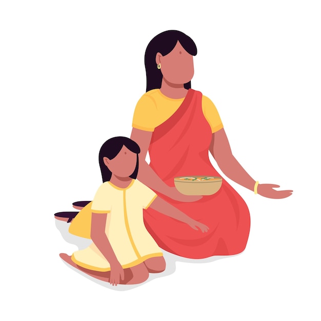 Mamma con figlia in caratteri vettoriali di colore semi piatto sari. figure in posa. persone a corpo intero su bianco. la festa indiana ha isolato l'illustrazione moderna di stile del fumetto per la progettazione grafica e l'animazione