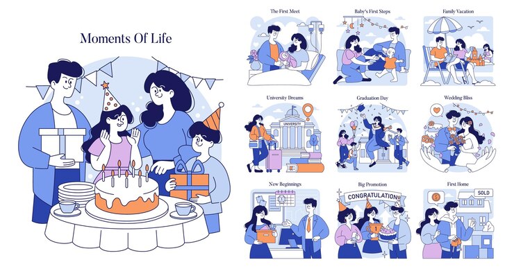 Vector 인생의 순간 세트는 생일부터 결혼식, 집 구매에 이르기까지 주요 삶의 사건을 설명합니다.