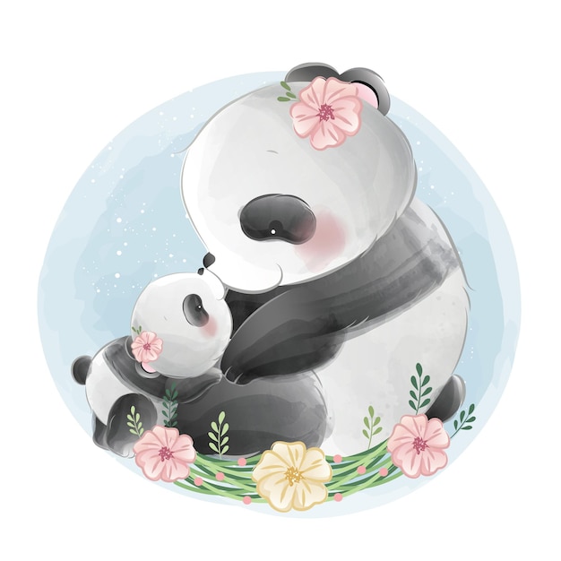 Vector mommy and baby panda sitting together