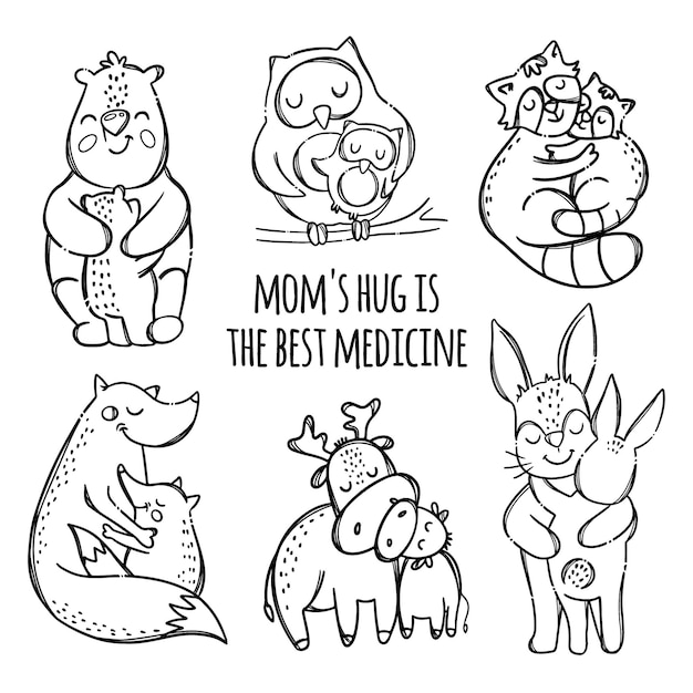 Moms hugging their babies. cute animals  monochrome hand drawn clip art