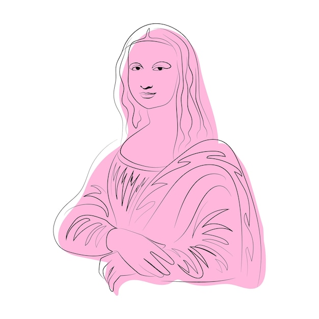 Vector mona lisa line art, color spot, minimalism, abstraction, green, red, blue, pink, orange