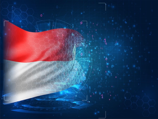 Monaco, Indonesia, vector 3d flag on blue background with hud interfaces