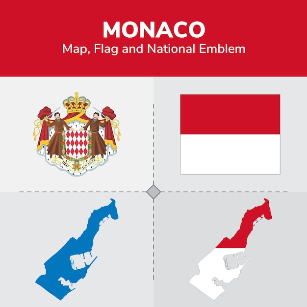 Vector monaco map, flag and national emblem