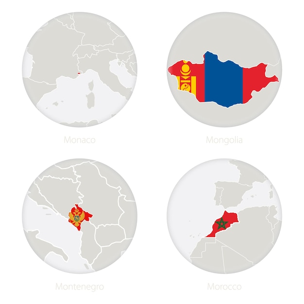 モナコ、モンゴル、モンテネグロ、モロッコの地図の等高線と国旗が円で囲まれています。ベクトルイラスト。