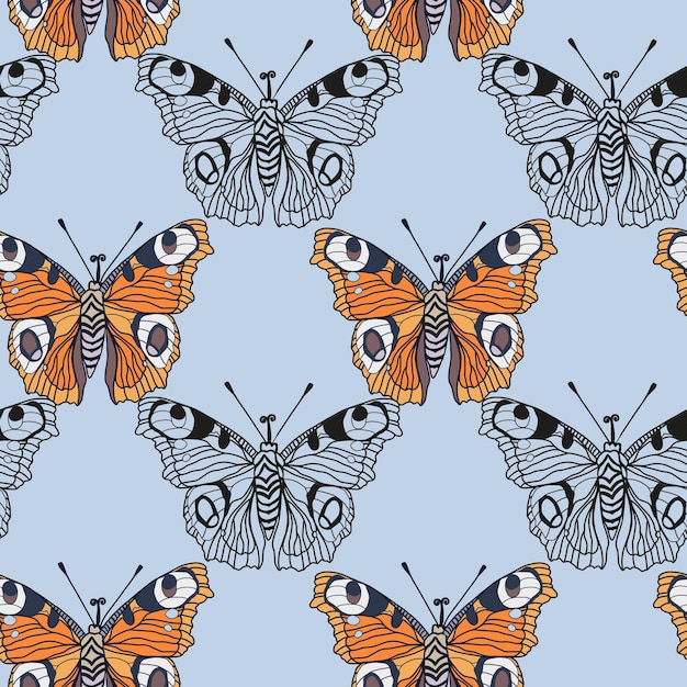 Farfalle monarca motivo senza giunture per tessuti o carta da parati sfondo di illustrazione di insetti disegnati a mano da vettori