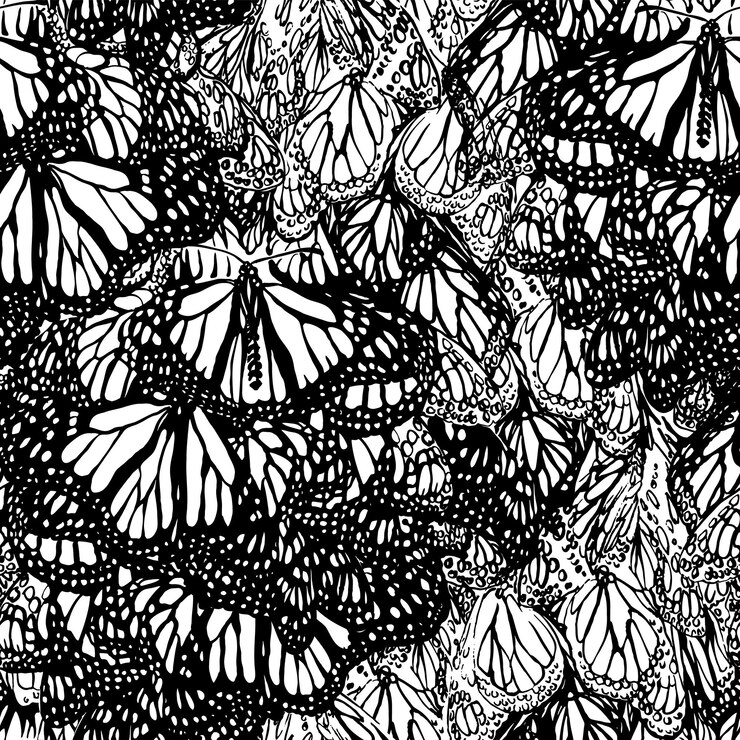 Vector monarch butterfly seamless pattern black and white