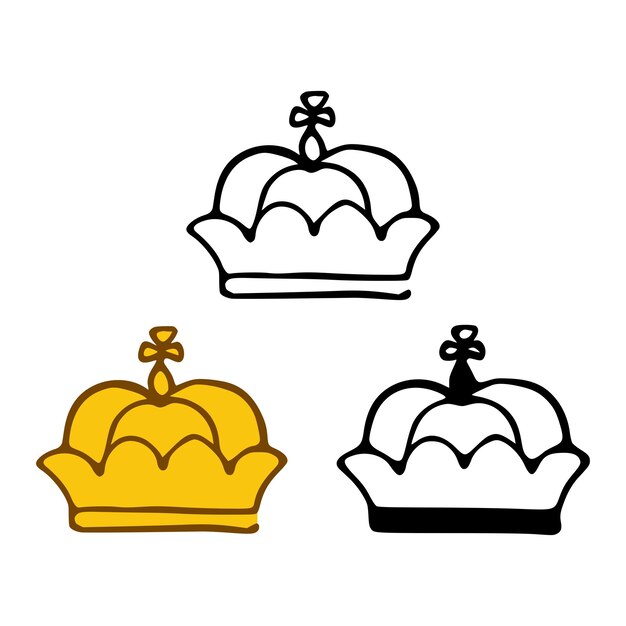 Vector monarch kroon pictogrammenset in doodles stijlen geïsoleerd op een witte achtergrond