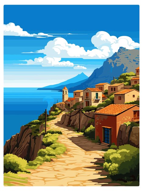 Vector monemvasia greece vintage travel poster souvenir postcard portrait painting wpa illustration