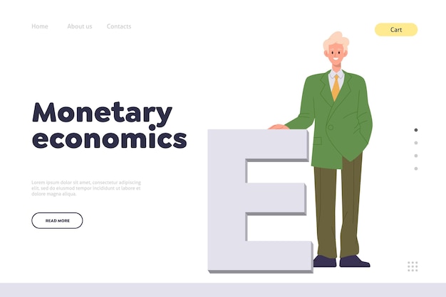 Monetary economics landing page and financial literacy website online service design template with vector illustration of happy smiling business coach standing nearby font typographic letter e