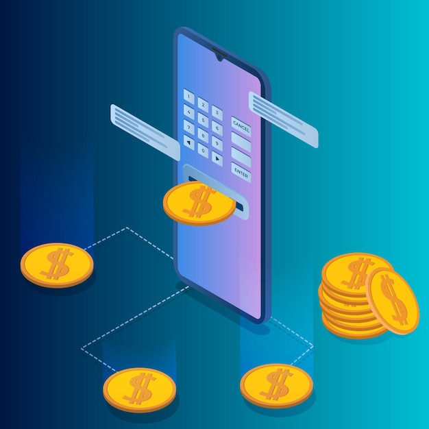 Monetization of Finance onlineIsometric image of a smartphone and coins