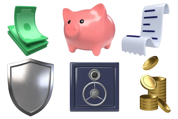 Vector money 3d rendering vector icon set safe paper money receipt piggy bank shield and coins