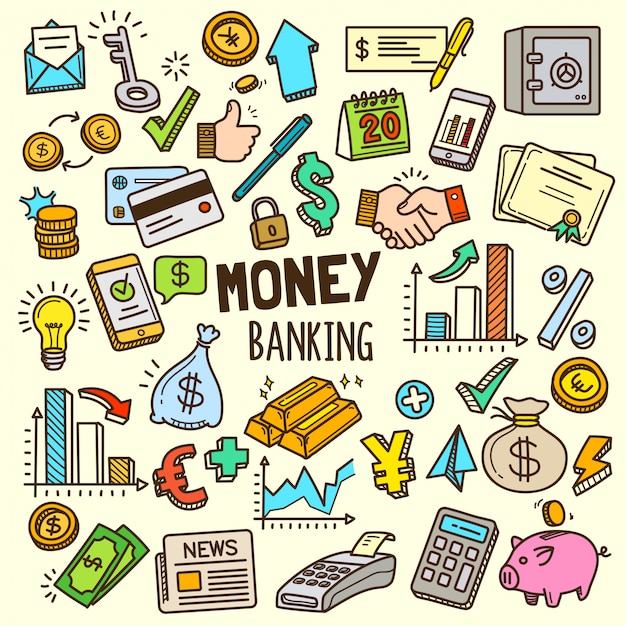Деньги и банковские элементы иллюстрации