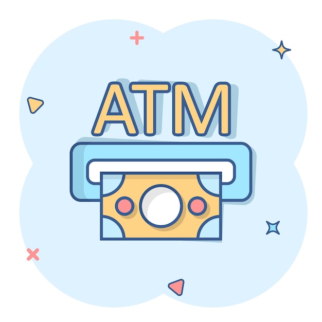 Money atm icon in comic style exchange cash cartoon vector illustration on white isolated background banknote bill splash effect business concept