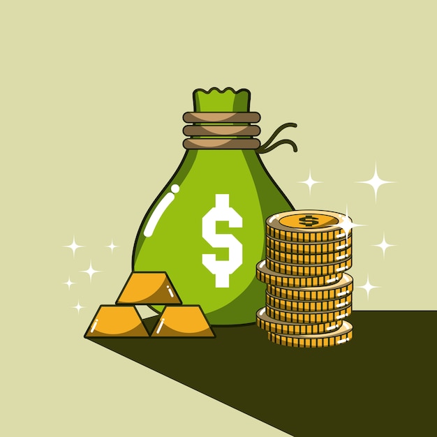La borsa e le monete dei soldi con le barre d'oro vector la progettazione grafica dell'illustrazione