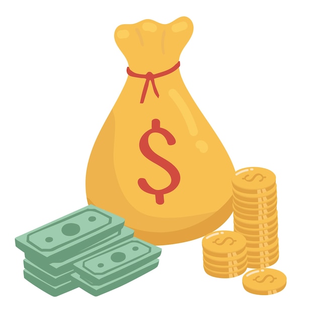 Money bag flat illustration. dollars and gold coins stack. wealth and banking icon. isolated on whit