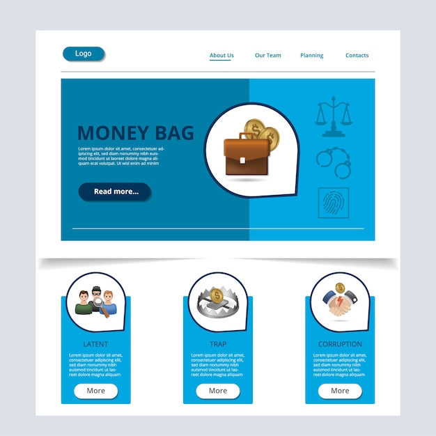 Money bag flat landing page website template latent trap corruption web banner with header content