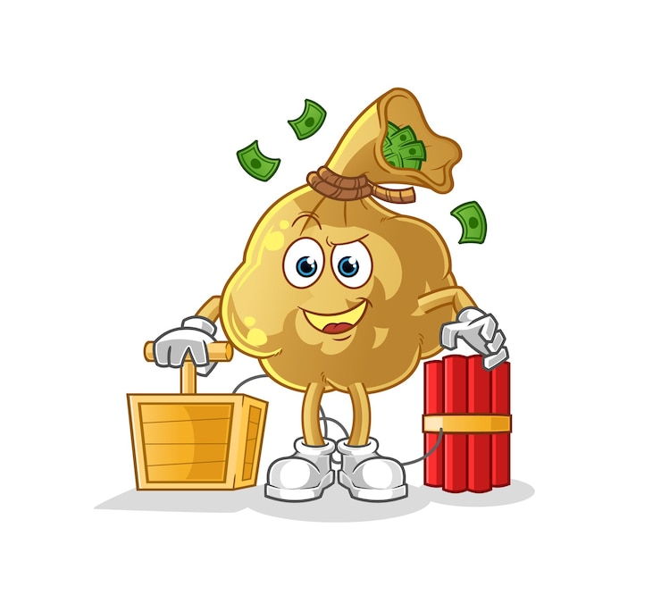 वेक्टर the money bag holding dynamite detonator. cartoon mascot vector