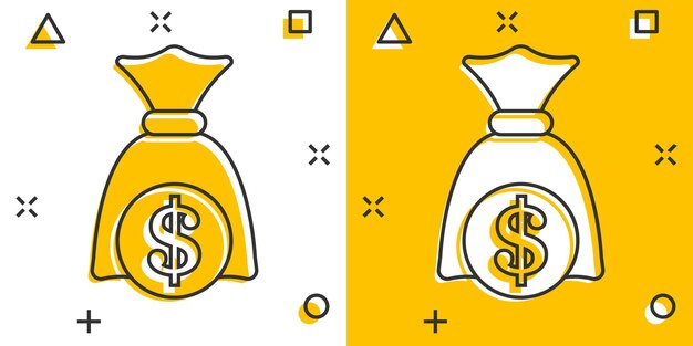 Иконка мешка с деньгами в стиле комиксов Векторная иллюстрация денежного мешка на изолированном фоне