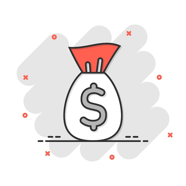 Icona della borsa dei soldi in stile fumetto moneybag con illustrazione vettoriale del fumetto del dollaro su sfondo bianco isolato concetto di business effetto splash sacco di contanti